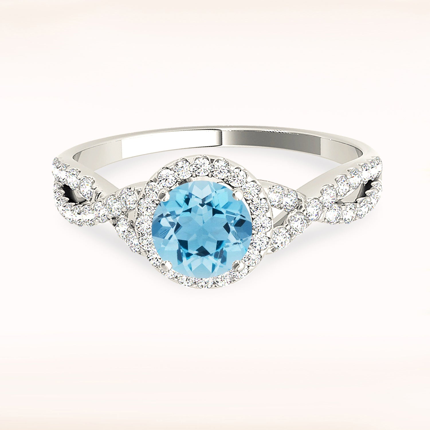 1.10 ct. Genuine Aquamarine Ring With 0.25 ctw. Diamond Halo And Delicate Diamond Twist Band | Round Blue Aquamarine Halo Ring-VIRABYANI